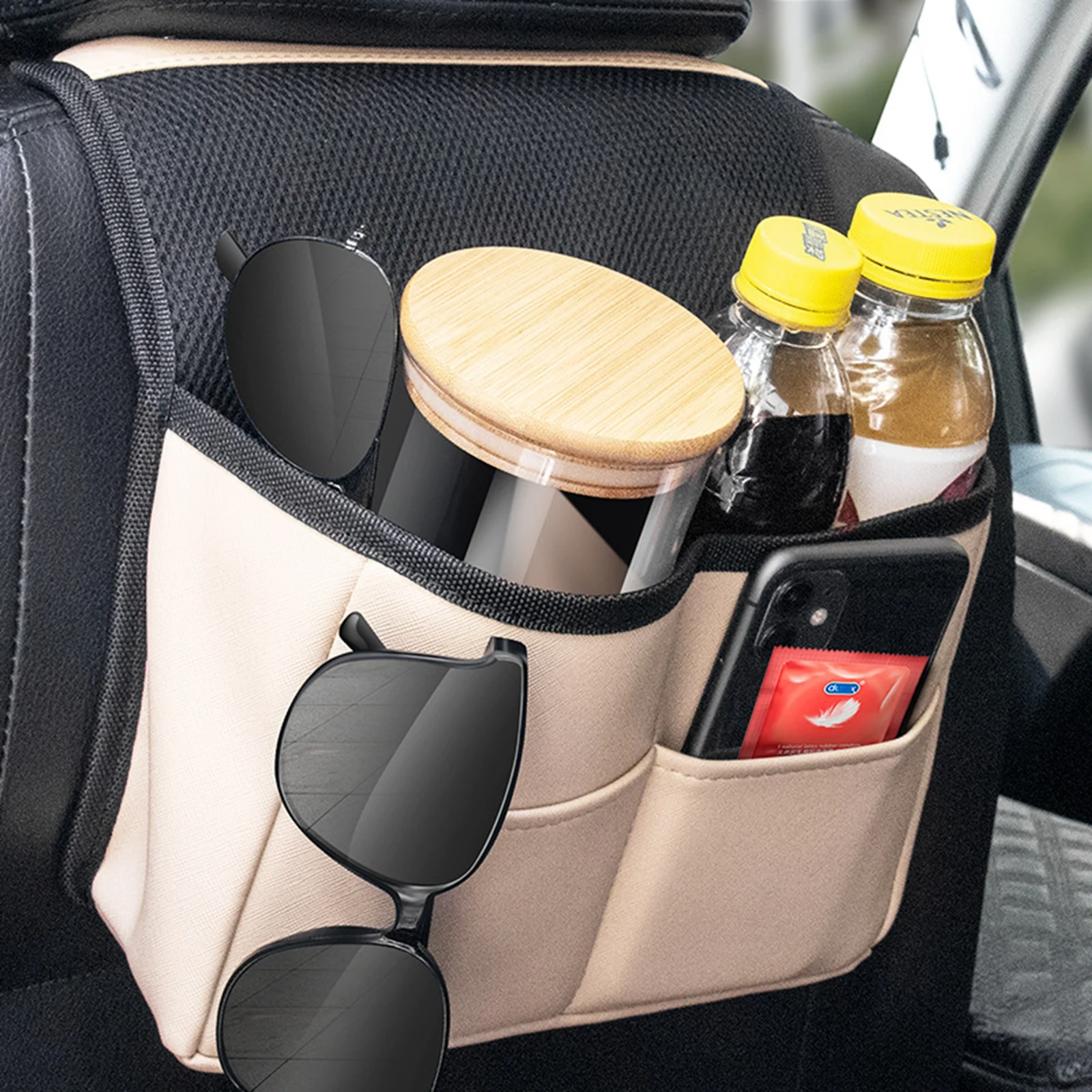 

Beige Car storage bag PU Leather Waterproof Large Capacity Simple Design Durable Stylish Convenient Auto Headrest Fixed Hook