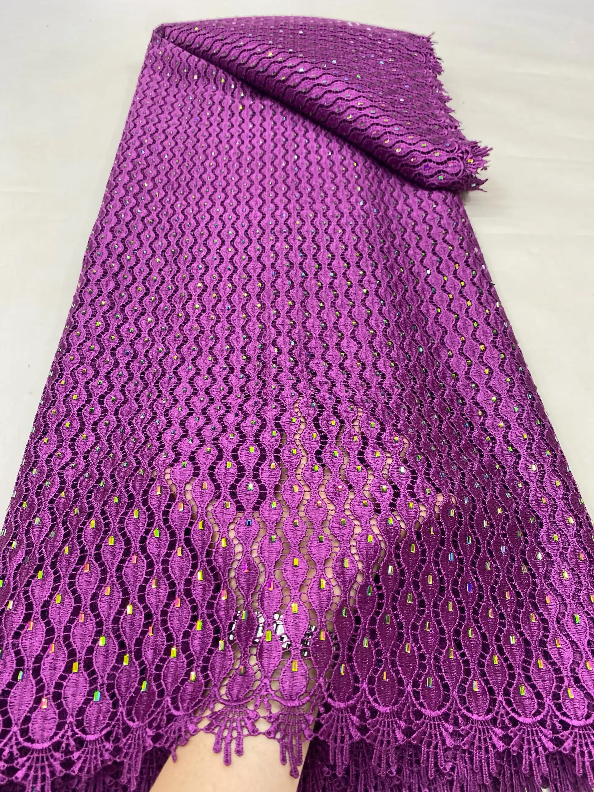 

2025 High Quality Latest Purple Stones African Nigerian French Guipure Cord Lace Fabric For Women Party Dress Diy Sew PDP25163