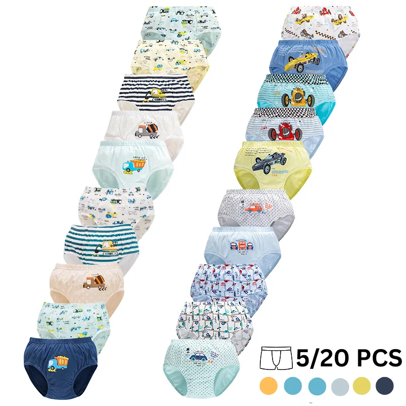 5/20 Pcs Cotton Children Boys Triangle Underwear High-quality Boys Briefs Car Print Cartoon Elastic Cozy Soft Toddler Knickers