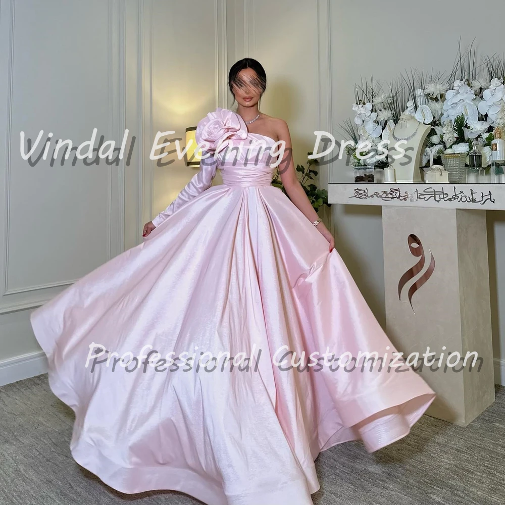 

Vindal Evening Dress One Shoulder Floor Length Ball Gown Satin Built-in Bra Elegant Long Sleeves Saudi Arabia For Woman 2024