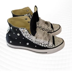 Creative black high top ribbon pearl rhinestones party party plimsolls handcrafted large size casual women's shoes 35-46