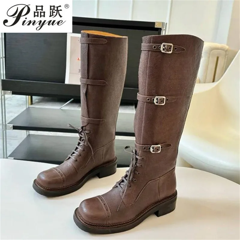 Women dermis Casual Versatile Thick-soled High Long Boots Belt buckle boots Vintage knight boots Western cowboy boots 35 40