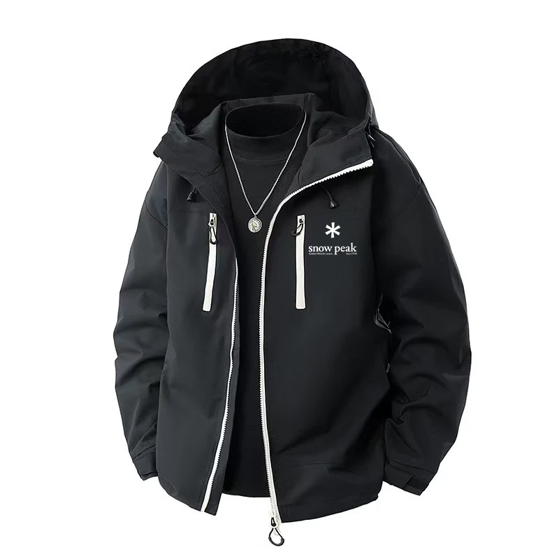 Snow Peak Printed zipper hooded sweatshirt suitable for both men and women. Retro style. Washed treatment. High quality.