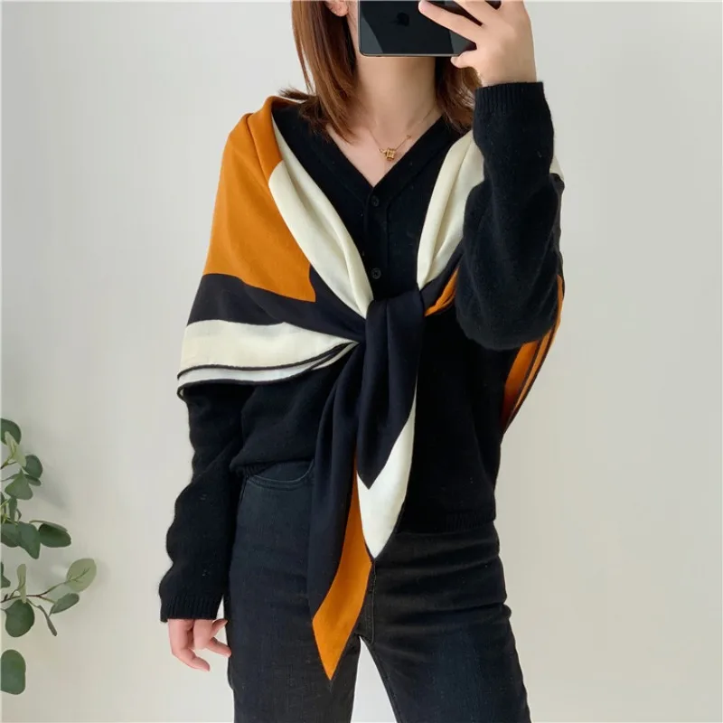 Black and orange color block splicing autumn and winter cashmere and silk large square scarf casual shawl scarf