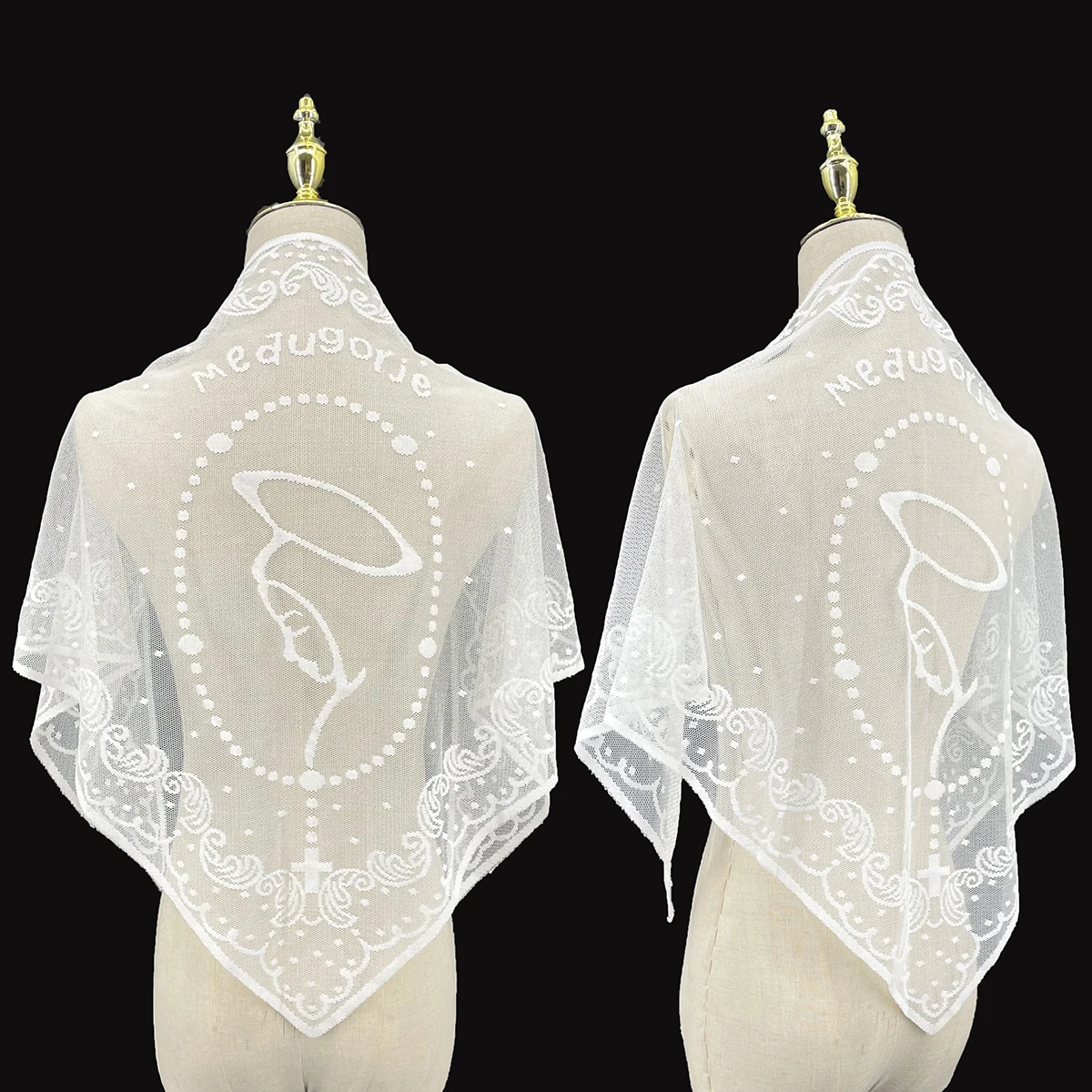 Medjugorje Jungfrau Maria Kreuz Bestickter Dreieckstuch Schal Hijab Katholische Kirche Hochzeitsschleier Religiöses Party-Accessoire – Detail 1