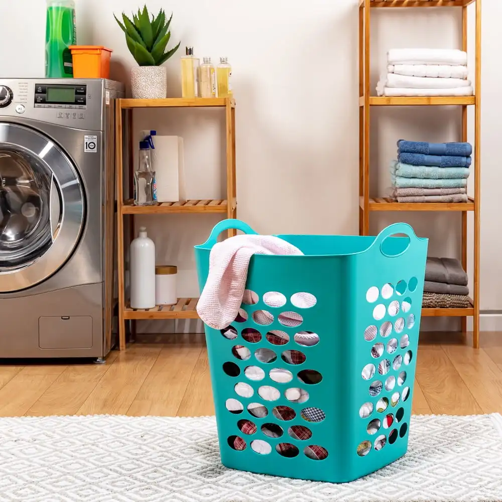 Cestos de lavanderia quadrados flexíveis de plástico com alças, turquesa, pacote com 3