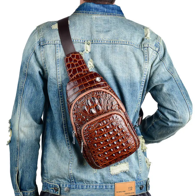 Imagem -04 - Nova Moda de Couro Genuíno dos Homens Pacotes Cintura Jacaré Masculino Casual Pacote Peito Menino Marca Designer Peito Ombro Pacote Bolsa 2023