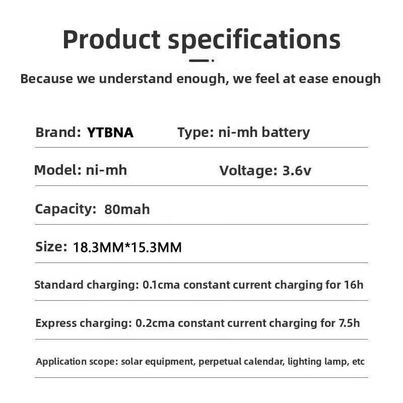 Bateria NiMH, 3.6V, 80mAh, okrągła, ładowalna z pinami, odpowiednia do zegarów, elektroniki, urządzeń z funkcjami pamięci, lamp trawnikowych, itp. — zdjęcie produktu 5