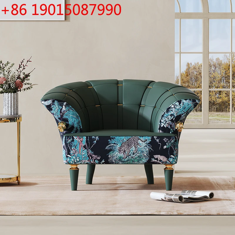 Wooden Luxury Sofa Chair Embroidery Colorful Figure Soild Wood Velvet Leisure Living Room Single Chair Bedroom Balcony Chair
