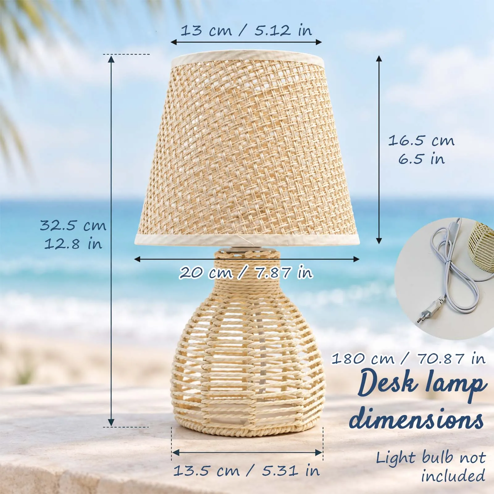 Table Lamp, Beige Woven Rattan Shade, Grid Weave, Woven Gourd Base, E27, Coastal Boho