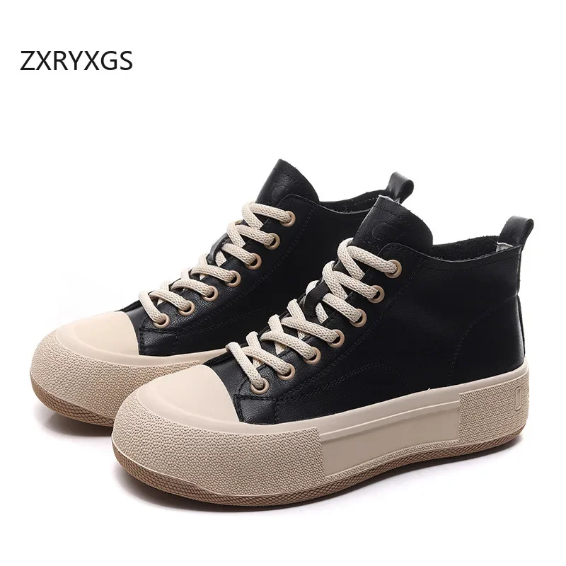 ZXRYXGS Top Layer Cowhide Casual Short Boots Women Sneakers 2024 Autumn Lace-up  Fashionable Versatile Comfortable Sneakers Tide