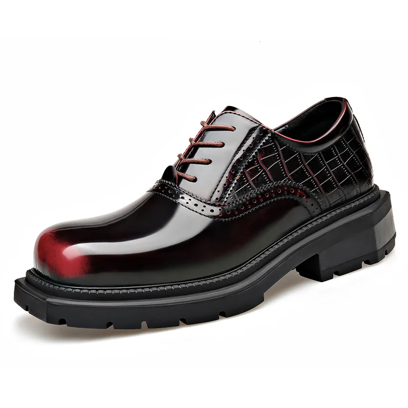 Zapatos Oxford Formales con Patrón de Cocodrilo para Hombre, Zapatos Derby de Cuero con Degradado Rojo y Negro, Zapatos de Plataforma para Negocios y Bodas para Hombre