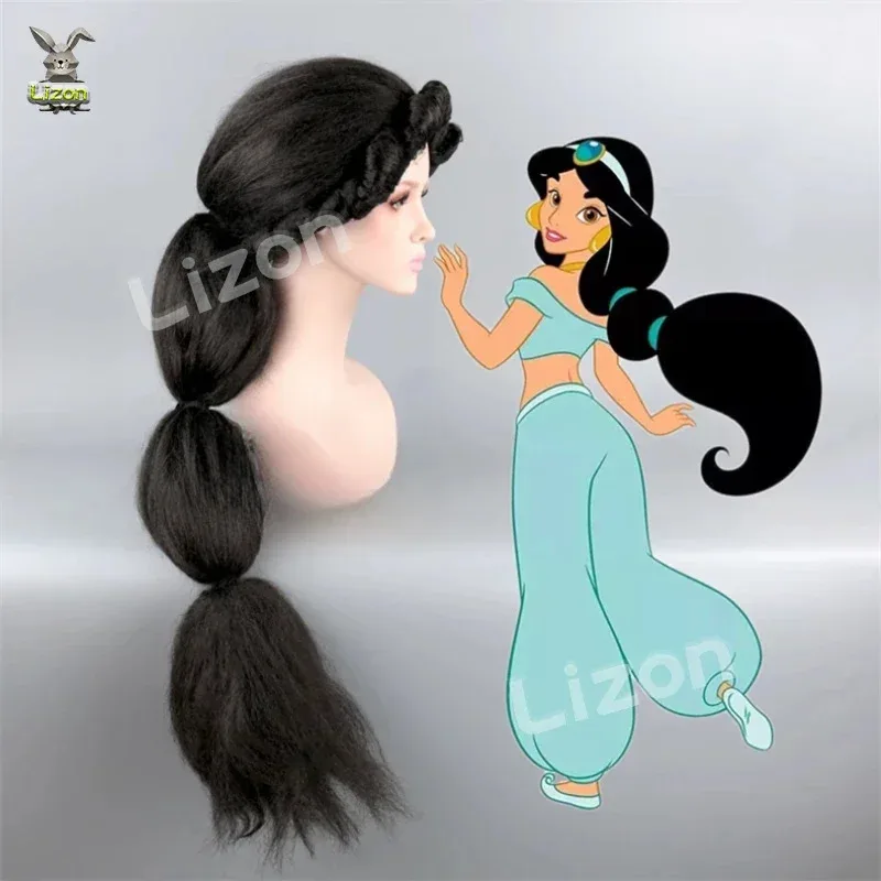 

Новый костюм Жасмин для косплея, парик, черные длинные волосы, Аладдин и волшебная лампа, ролевая игра, парик с плетеными волосами на Хэллоуин, шапочка