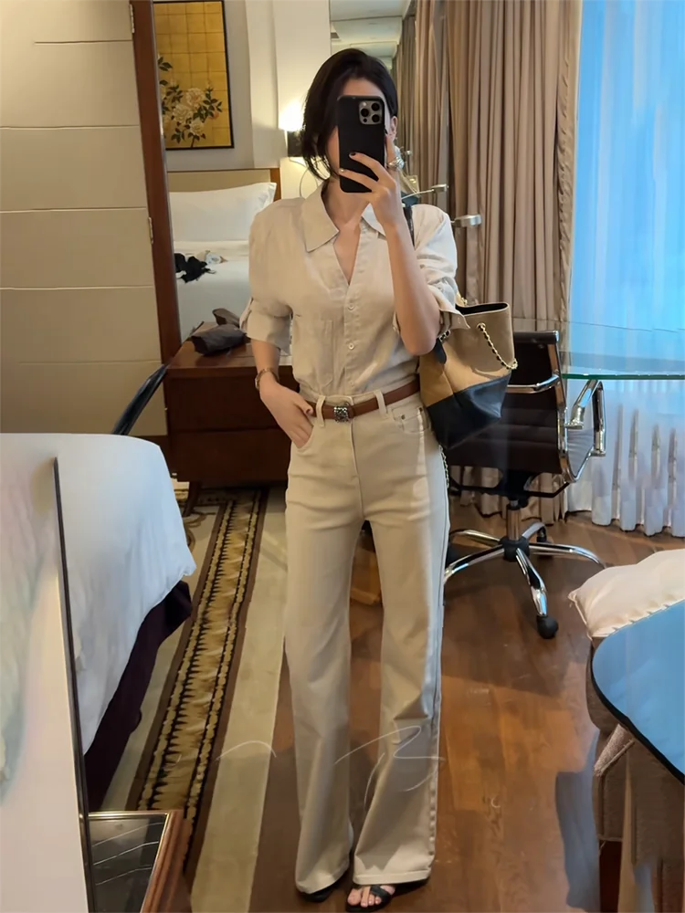 

High Waist Straight Leg Bell Bot Jeans Women's Meat Concealing Slimming New Versatile Floor Length Pants Casual Sle