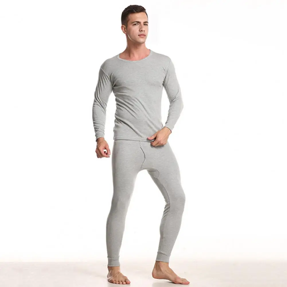 Men Pajama Set Men's O-neck Long Sleeve Pajama Set with Elastic Waist Pants 2 Piece Solid Color Homewear Suit for Comfortable