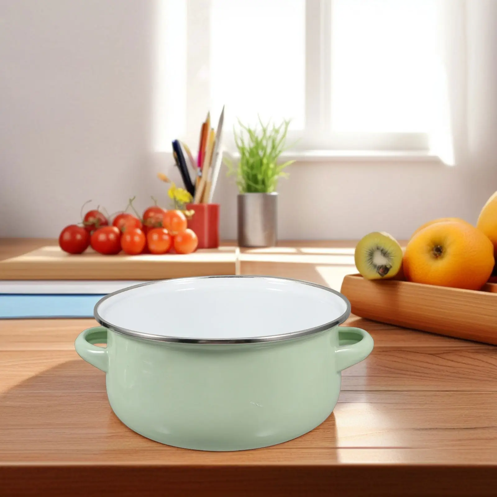 

Vintage Enamel Soup Pot Green Enamelware Cooking Pot Lid Dual Handle Multifunctional Stew Milk Noodle Home Kitchen Cooking