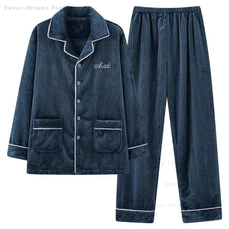 

Winter Warm Coral Fleece Pajamas Suit Thicken Homewear Male Loose Sleepwear Pocket Pijama Mujer Long Sleeve Loungewear Nightwear