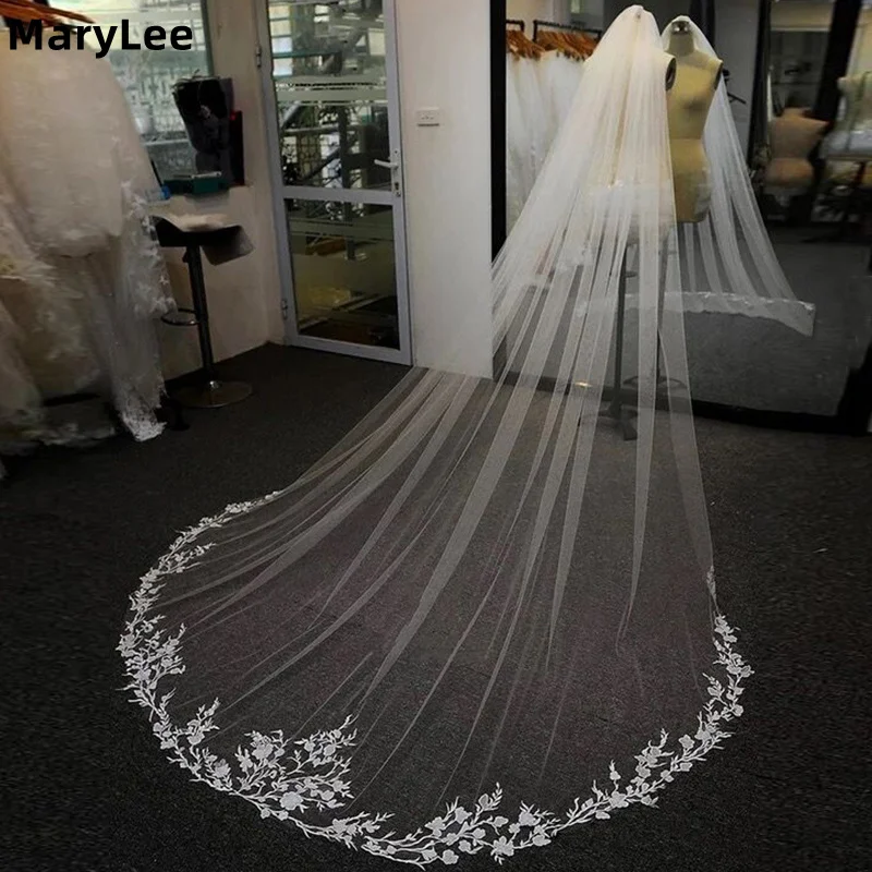 

Длинная фата по индивидуальному заказу с цветочной аппликацией, кружевной край, одноуровневая свадебная фата Морі из мягкого тюля с расческой, фата невесты в соборе