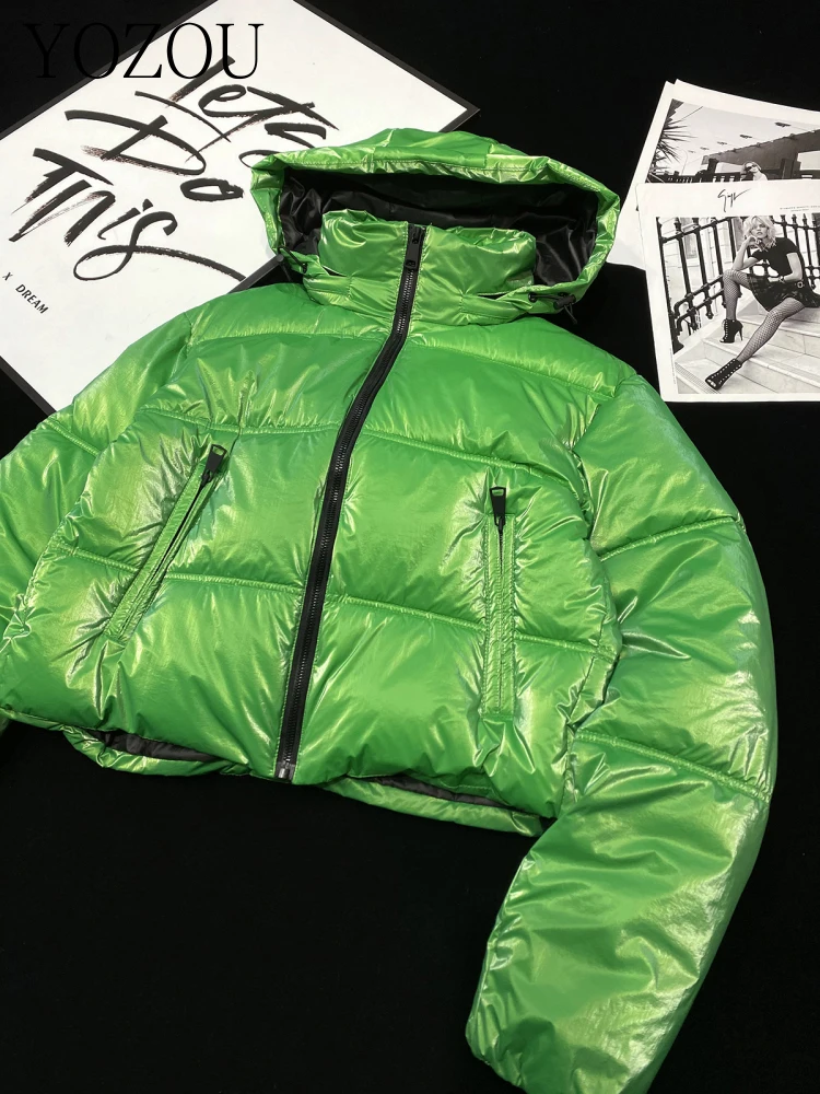 [YOZOU] Winter Luxury Shiny Green Hooded Short Padded Puffer Jacket Parkas Korean Dongdaemun Outwear Thick Coat Youthful Women