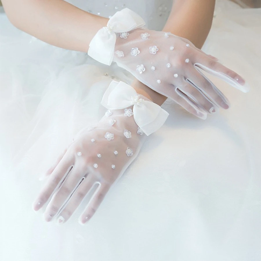 Atacado curto branco luvas de casamento dedo frisado luvas guantes largos mujer acessórios de casamento guantes largos mujer 2025