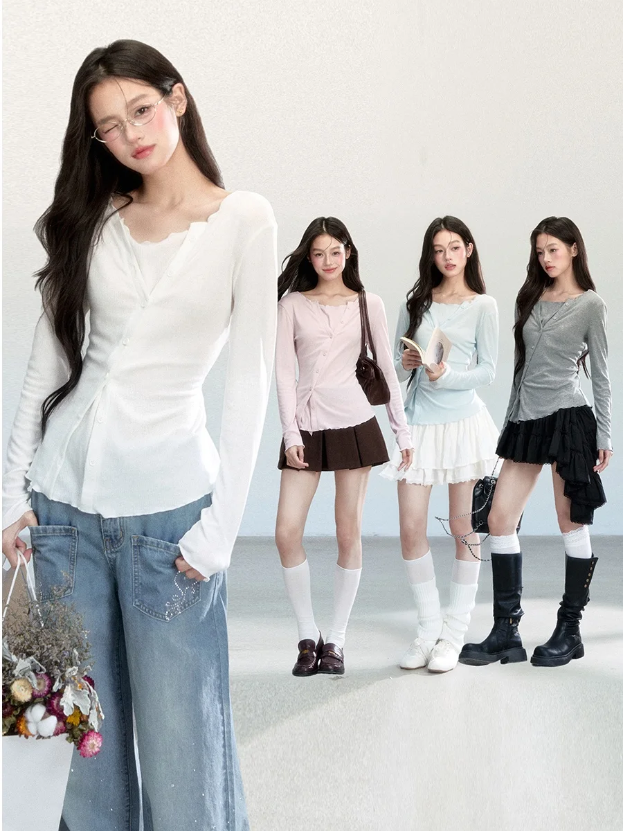 

Хрупкое сердце, повседневный вязаный топ, искусственный двухсекционный дизайн, асимметричное отверстие, четыре цвета, простая футболка для женщин