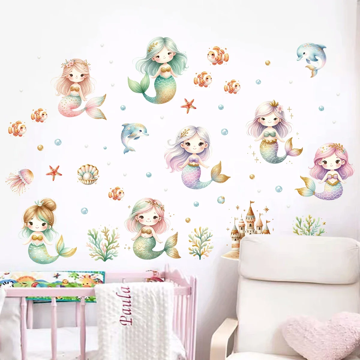 1Pc Cartoon Ocean Cute Mermaid Wall Stickers Furniture for Kids Room Bedroom Wall Art Home Decor Accessories Living Room Decals