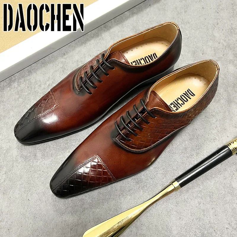 Luxury Men Leather Shoes Lace up Split Toe Weave Print Black Green Oxford Shoes Business Wedding casual men dress shoes