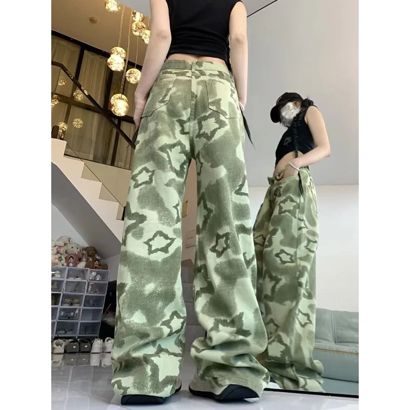 American Retro Green Camouflage Star Pants Autumn Straight High Street Jeans