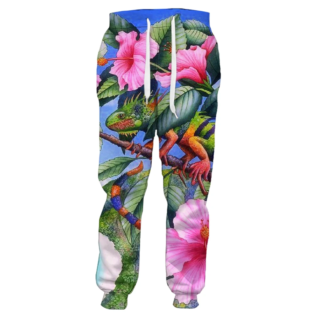 

HX Fashion Animals Pants Tropical Plant Flowers Hibiscus Chameleon 3D Print Sportwear Casual Sweatpants Harajuku Streetwear