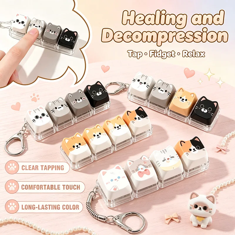 4-Key Keyboard Fidget Kawaii Cat Relax Button Kawaii Cat Keycap Portable Fidget Keychain Fashion Bag Charm Squeeze Toys Gift