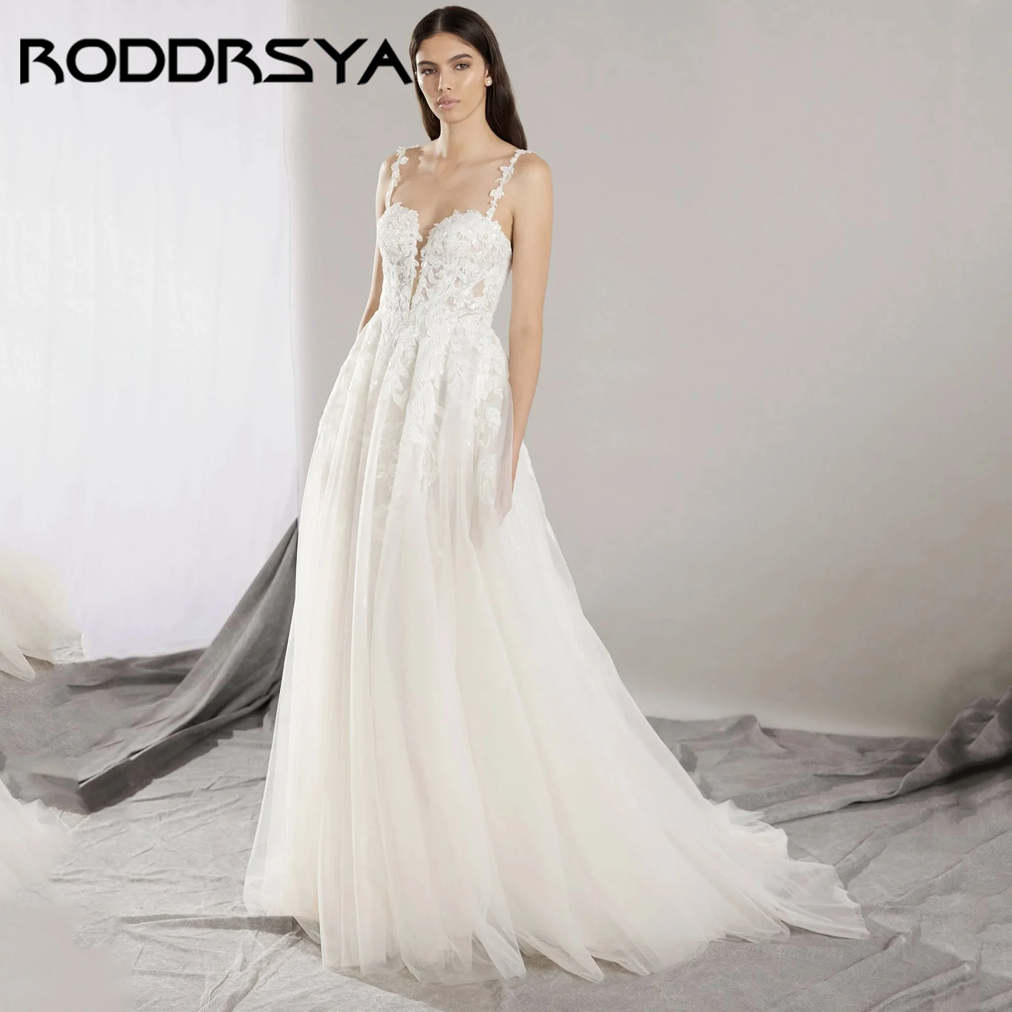 

A-Line V-Neck Spaghetti Strap Wedding Dresses Sleeveless Square Back Sexy Appliques Bride Gown Vestidos De Novia 2025 Customized