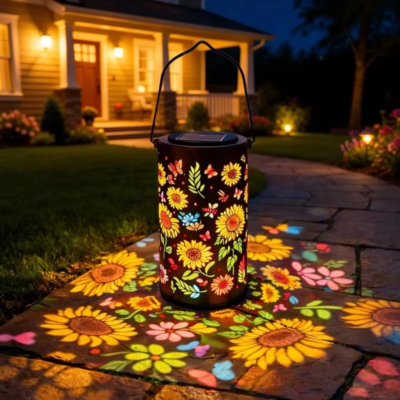 RGB Colorful Sunflower Solar Lights Outdoor Waterproof Hanging Projection Lantern for Outside Table Garden Patio Yard Decor
