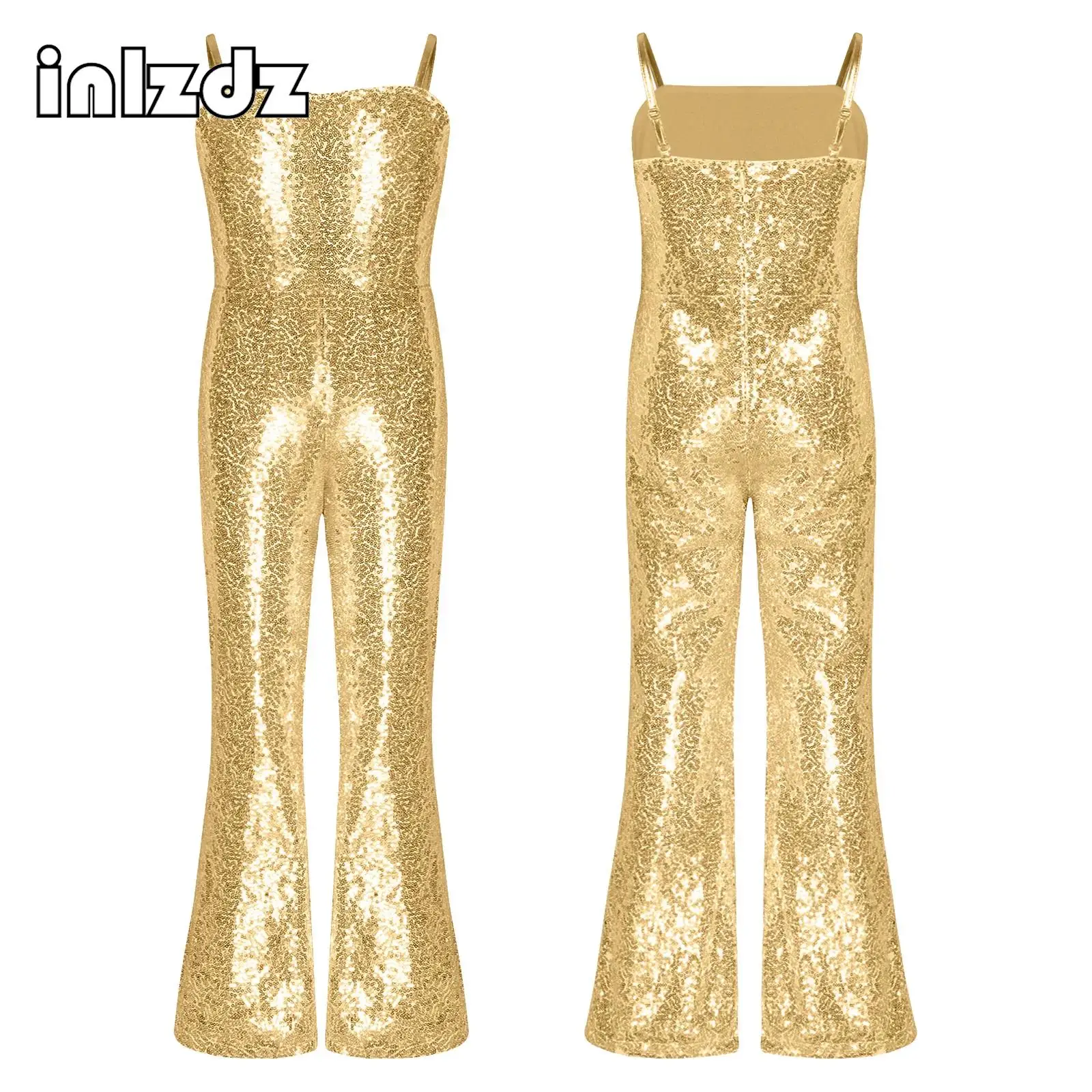 Kids Girls Shiny Sequin Movie Character Cosplay Costume Halloween Carnival Dress Up Sleeveless Bell-Bottom Jumpsuit Bodysuit