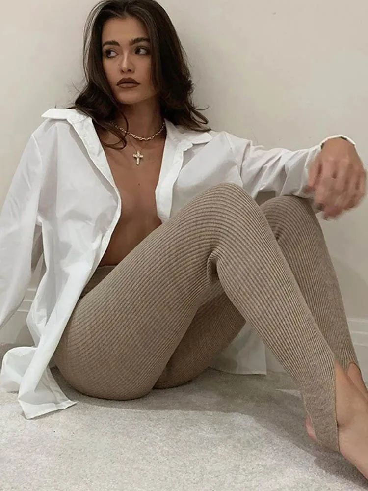 Beige High-Waist Ribbed Knit Leggings for Women Cotton Fitness Basic Casual Pants Skinny All-Match Female Spring New
