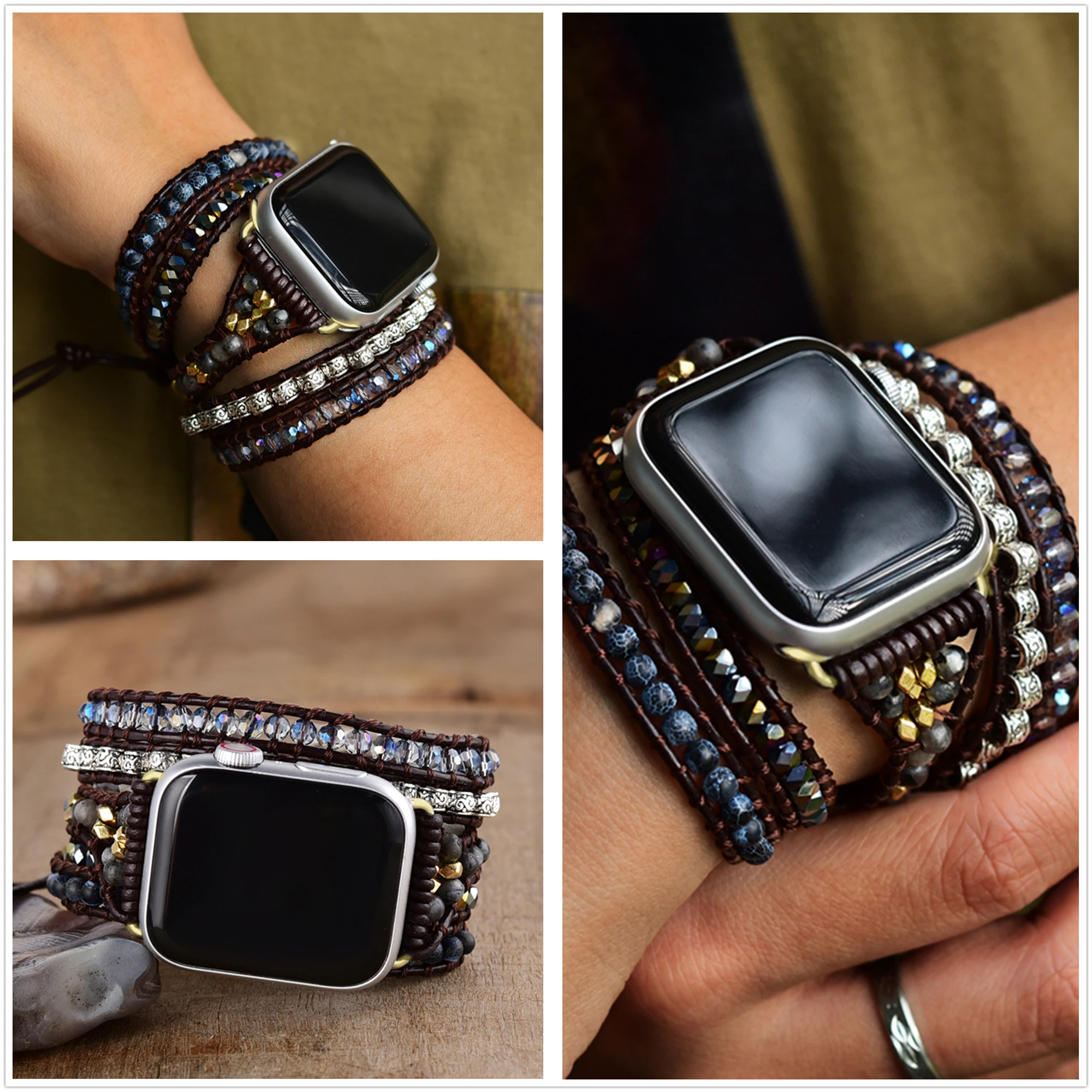 

Fantastic Labradorite Stone Beaded Apple Watch Band 38mm-45mm Natural Jasper Wrap Braided Watch Strap Wristband for Apple Watch