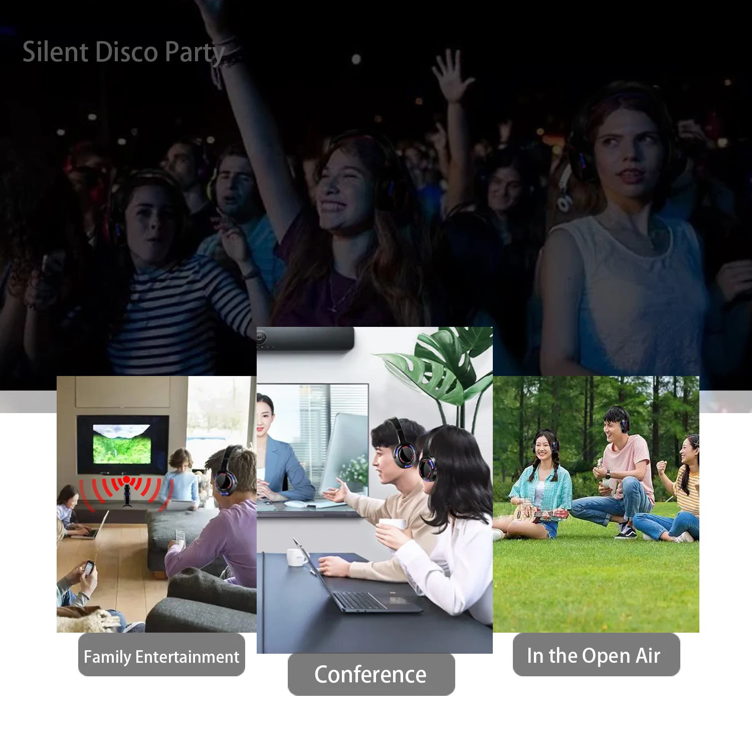 Silent Disco Hoàn Chỉnh Đèn Led Không Dây Tai Nghe-Tai Nghe Êm Clubbing Đảng Lưng (20 Tai Nghe + 3 Thiết Bị Phát)