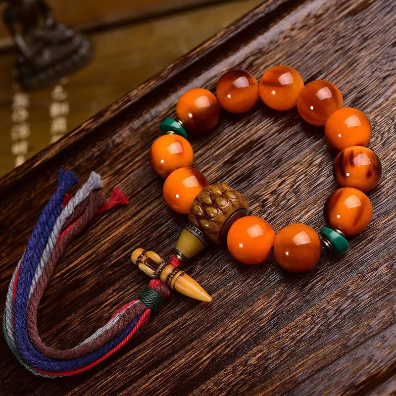 Pulsera de tortuga de montaña natural con patrón de caña de un solo lazo, estilo vintage para hombre y mujer, pulsera de cuentas redondas chapada en oro.