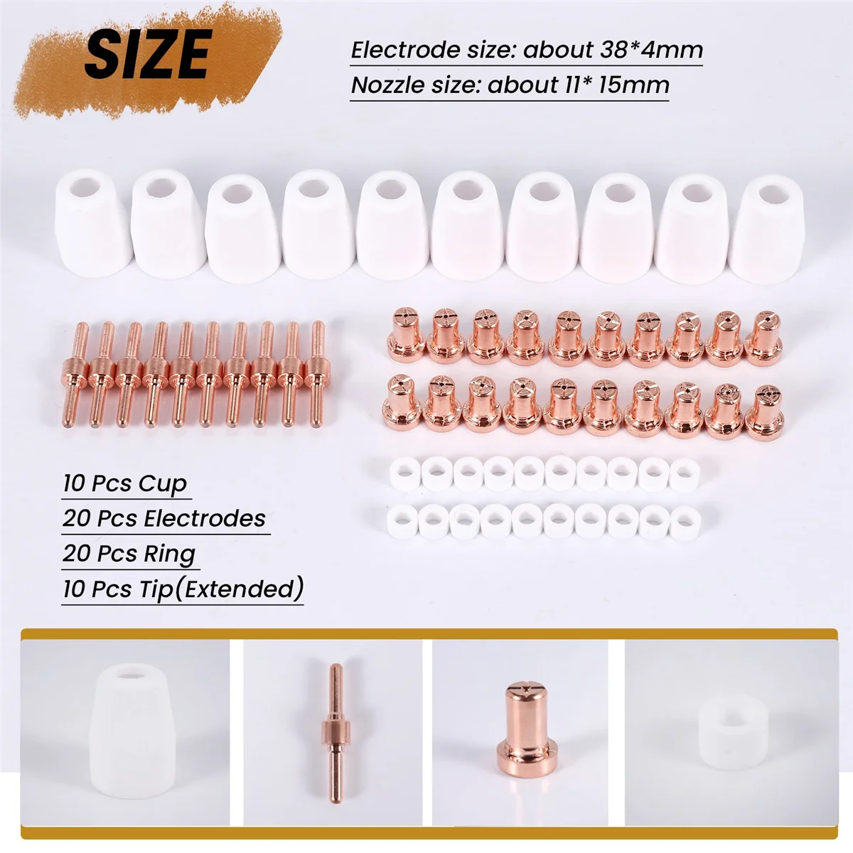 60 Pcs/Set Ceramic + red copper Air Plasma Cutting Cutter Consumables Extended TIP Nozzles Electrode for PT31 LG40 Torch CUT-50D