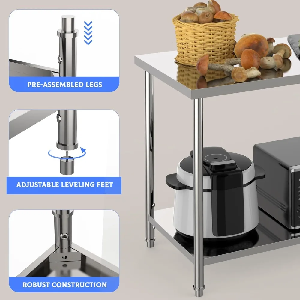 36x24 Inch Stainless Steel Work Table for Kitchen Commercial Use, 0.7mm 201 SS Right Angle Edge Utility Table with Fixed Legs