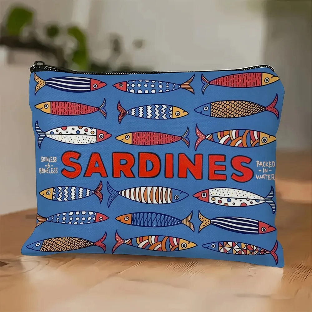 Косметичка с принтом сардини в стиле ретро — яркие разноцветные цвета, прочная ткань, компактная дорожная косметичка и пенал