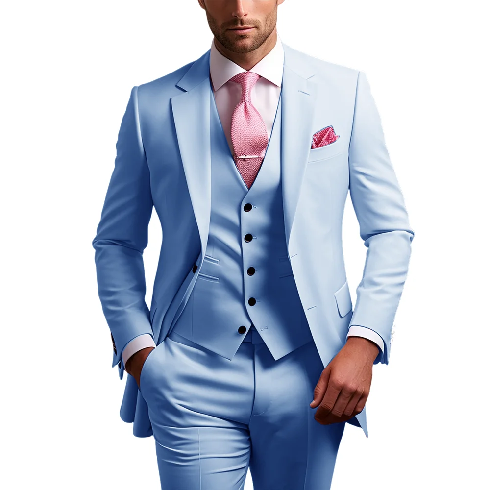 

Men Suits 3Piece Pink Fashion Classic Plain Color Wedding Formal Slim+Pants+Vest Groom Tuxedo Custom Outfit