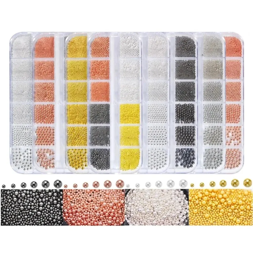 6 Sizes Mixed  Nail Caviar Beads 0.8-3.0mm Micro Metal Steel Ball Gold Silver Rose Gold 3D Nail Art Decoration DIY Manicure