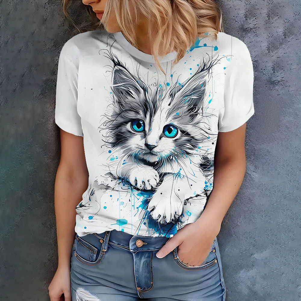 

Women's White Blue-Eyed Kitten Print T-Shirt - Artistic Cute Animal Design Casual Summer Style Short Sleeve