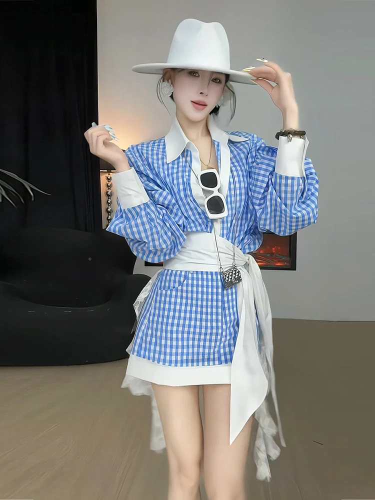 

Elegant Patchwork Plaid Print Suit Women Spring Korean Sweet Party 2-Piece Set Bow Long Sleeves Shirt + Mini Skirt Sets