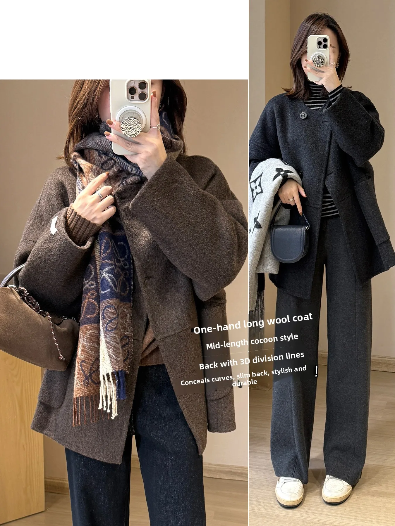 

Double-Sided Woolen on aped Coat round Ne Soft Plump Medium-Length Outerwear Comfortable Long Sve Color