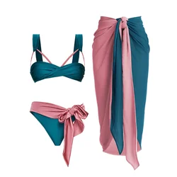 Bikini retrò femminile Sexy blu rosa Color Block costume da bagno Holiday Beachwear due pezzi Cover Up Summer Surf Wear