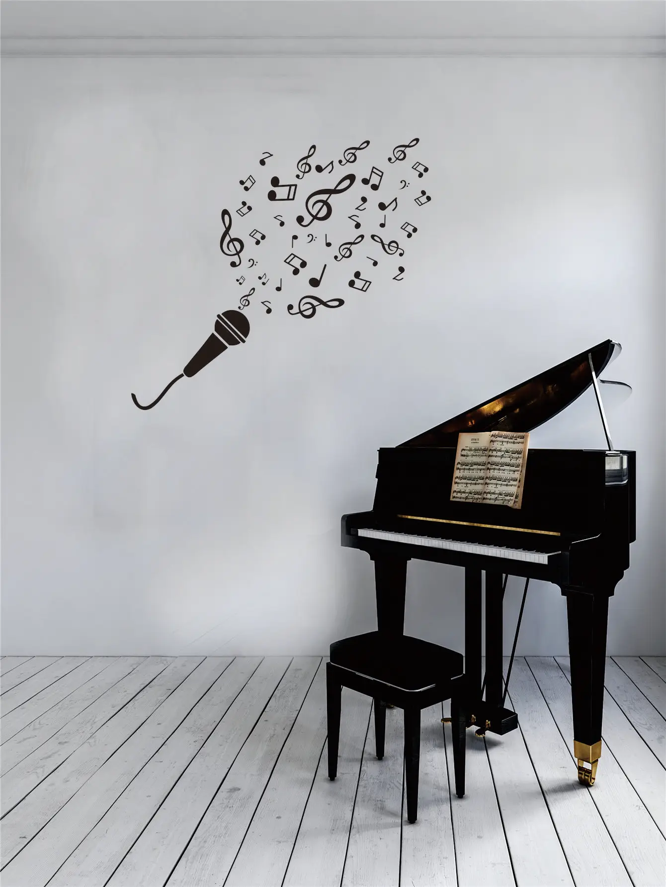 Removable Vinyl Self-Adhesive Sticker For Home Decor Singing Microphone With Musical Notes Livingroom Bedroom Music Room JZY036