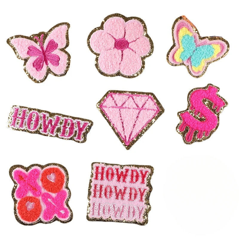 30pcs/Lot Luxury Towel Gold Fun Embroidery Patch Butterfly Flower Letter Dollar Diamond Shirt Clothing Decoration Craft Applique