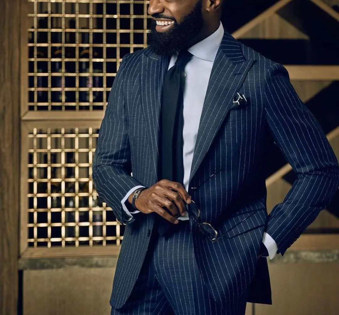 Мужские костюмы, комплект из двух предметов, пиджак, брюки, однобортный, с остроконечными лацканами в тонкую полоску, тонкий свадебный смокинг для жениха, Ropa Hombre по индивидуальному заказу