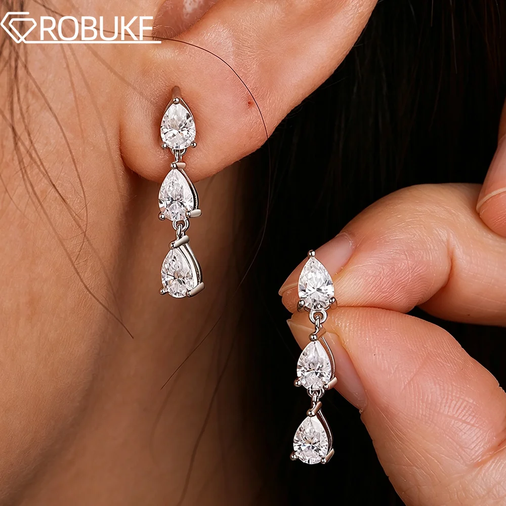 4*6mm Full Moissanite Drop Earring for Women GRA Certified 925 Sterling Silver 3-Stones Dangle Diamond Earrings Christmas Gifts